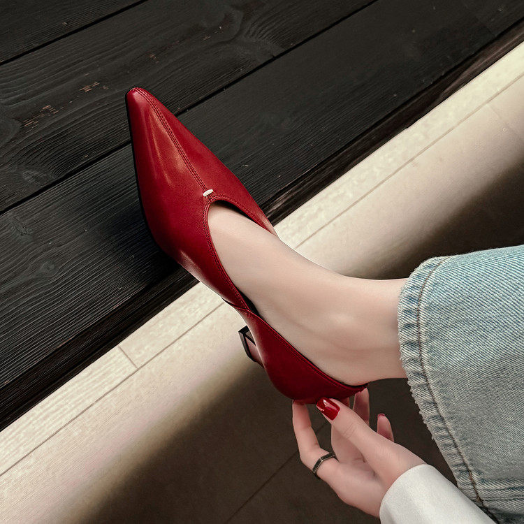 5cm牛皮红色尖头深口单鞋2026新款粗跟真皮通勤鞋气质百搭高跟鞋