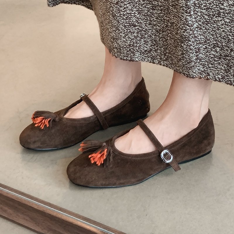 0.8cm复古风真皮圆头流苏浅口2026新款一字带平底通勤玛丽珍鞋女,女鞋,深口单鞋,淘宝优惠券,粉丝福利购,淘宝优惠卷