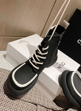 真皮厚底马丁靴ins英伦风大头靴子女2024新款拼色单靴白色短靴潮