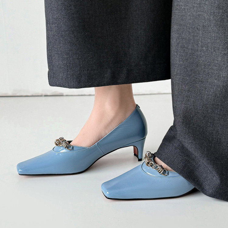 5cm温柔风蓝色方头高跟鞋玛丽珍鞋春夏浅口粗跟金属链条装饰单鞋