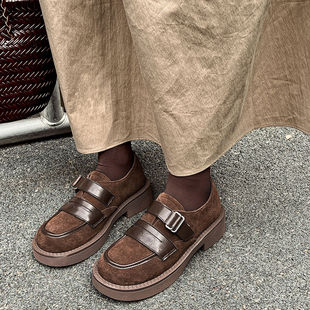 法式优雅厚底舒适一脚蹬单鞋2025秋季新款圆头粗跟深口休闲小皮鞋