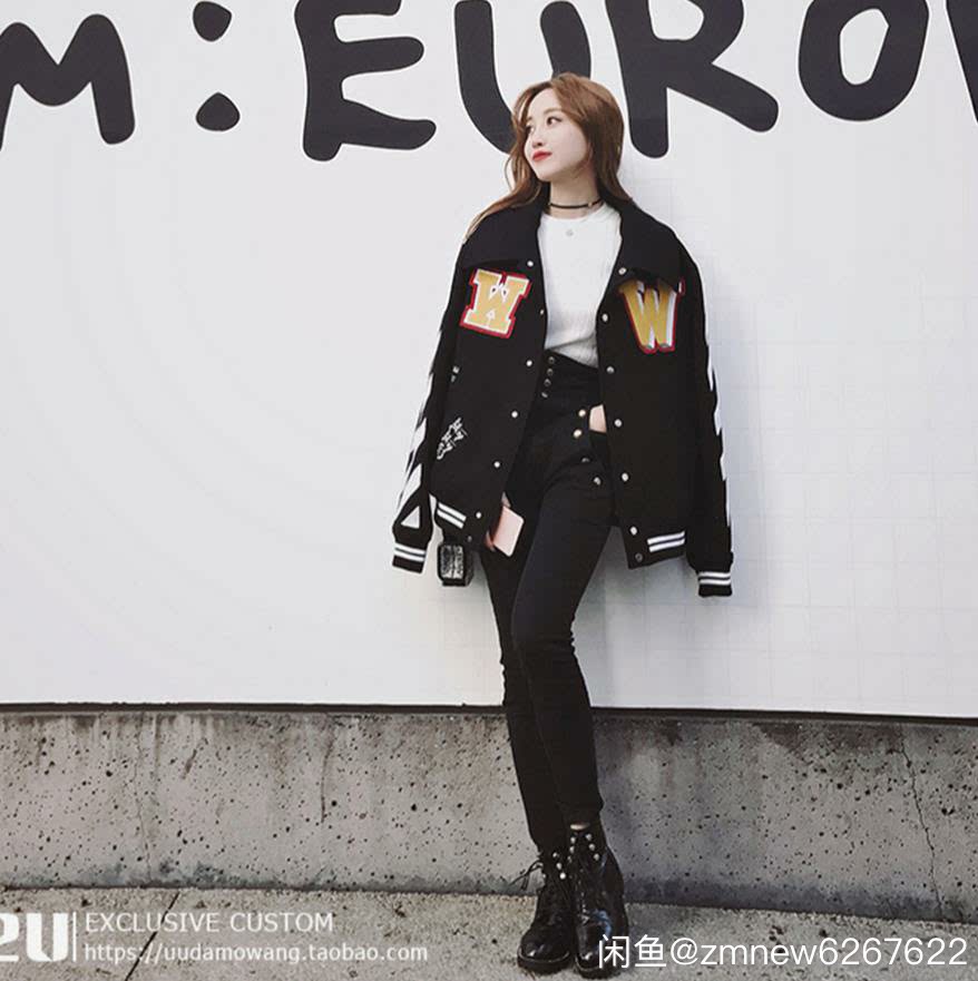 uu大魔王 韩版宽松刺绣棒球服女冬季短款毛呢外套情侣夹克潮