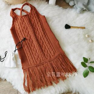 新品INS爆款韩版女童宝宝手工流苏毛线毛衣裙儿童背带连衣裙