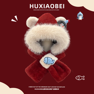 圣诞红可爱企鹅毛绒帽子围巾一体两件套女冬季保暖新年礼物雷锋帽