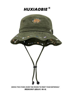 2026新款复古军绿色重工刺绣渔夫帽男女春夏防晒遮阳宽檐登山帽子