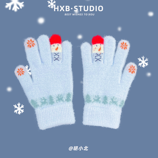 可爱雪人针织毛线手套女冬季加厚保暖韩版学生骑行防寒五指可触屏