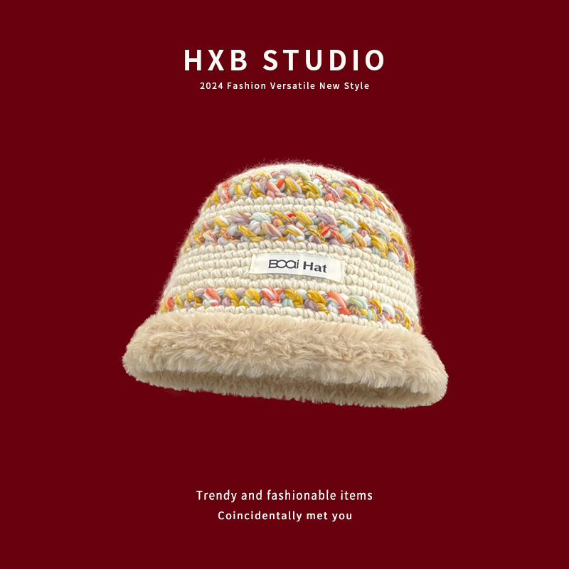 渔夫帽女秋冬毛绒混色毛线帽百搭