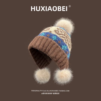 加厚加绒复古提花针织毛线帽