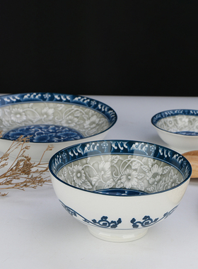 敏杨碗碟套装家用碗盘餐具复古陶瓷汤碗面碗旗舰店海浪牡丹釉下彩