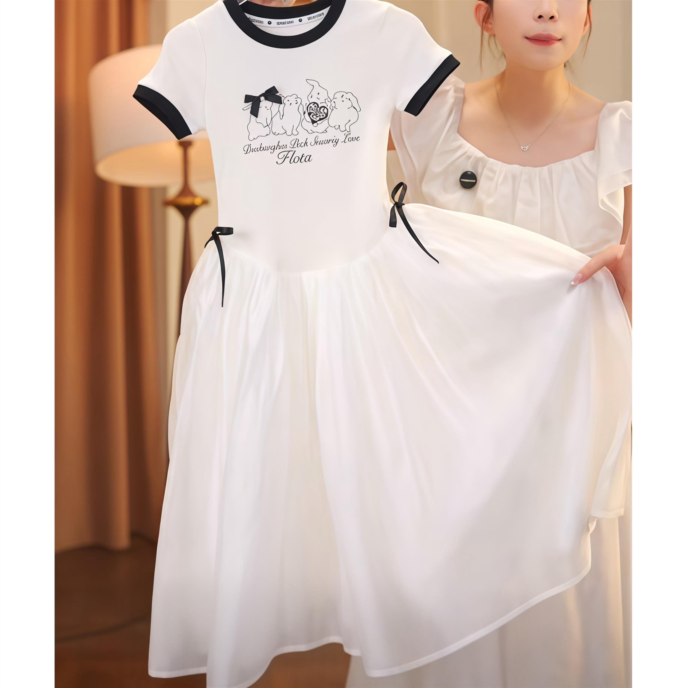 女童夏连衣裙2025夏季女孩拼接卡通短袖公主裙海边度假风沙滩长裙