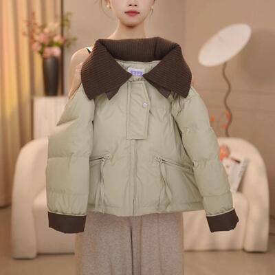 女童毛衣领羽绒服2025冬款中大童白鸭绒短款小羊皮免洗加厚外套潮