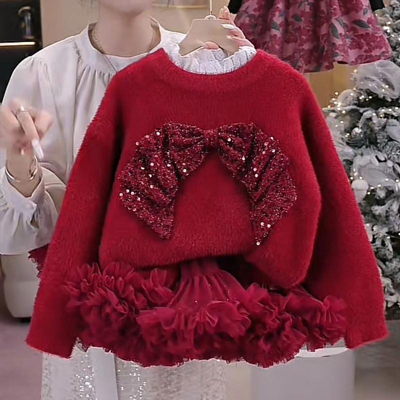 女童亮片蝴蝶结毛衣嘟嘟纱裙套装2025秋冬款小女孩年服纱裙半身裙