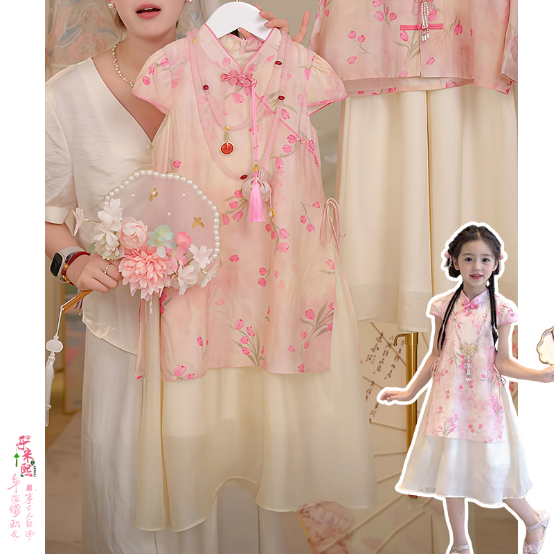 女童国风碎花旗袍裙2025夏季新中式女孩假两件盘扣连衣裙汉服古风