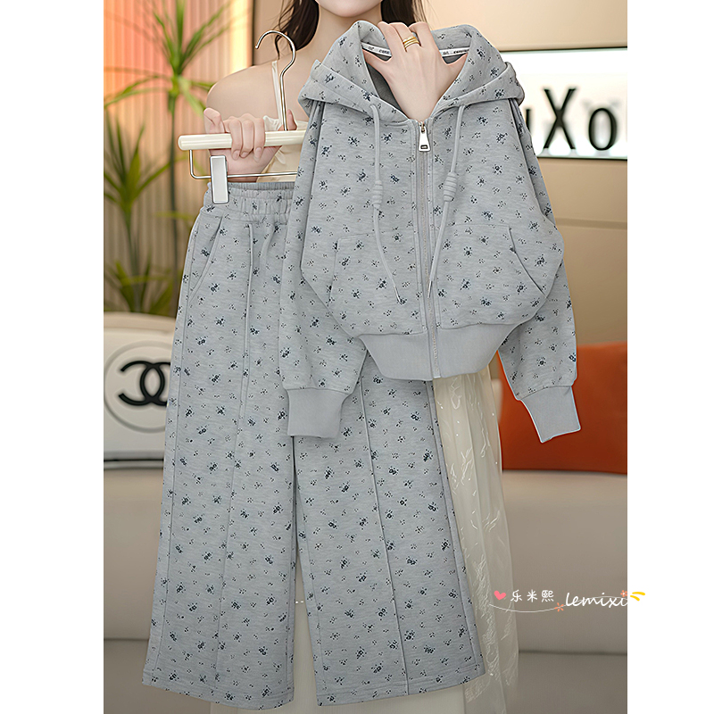 女童碎花卫衣卫裤套装2025新款春秋款连帽开衫外套阔腿裤运动秋装