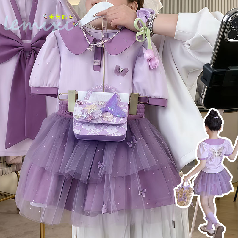 女童短袖半身裙套装2025夏款小女孩polo领T恤露背蝴蝶蛋糕纱裙子8