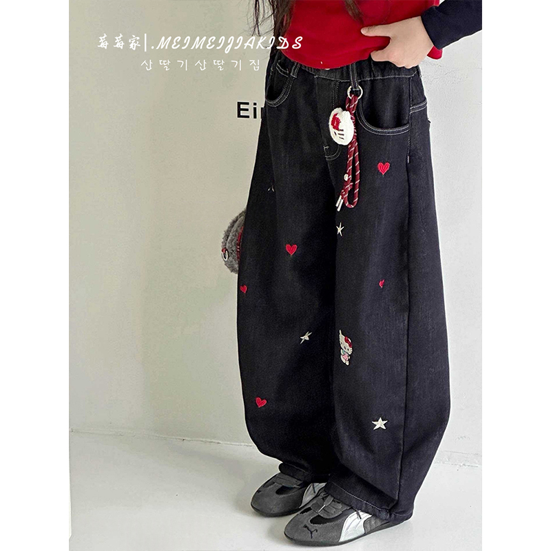 刺绣爱心kt猫加绒牛仔裤