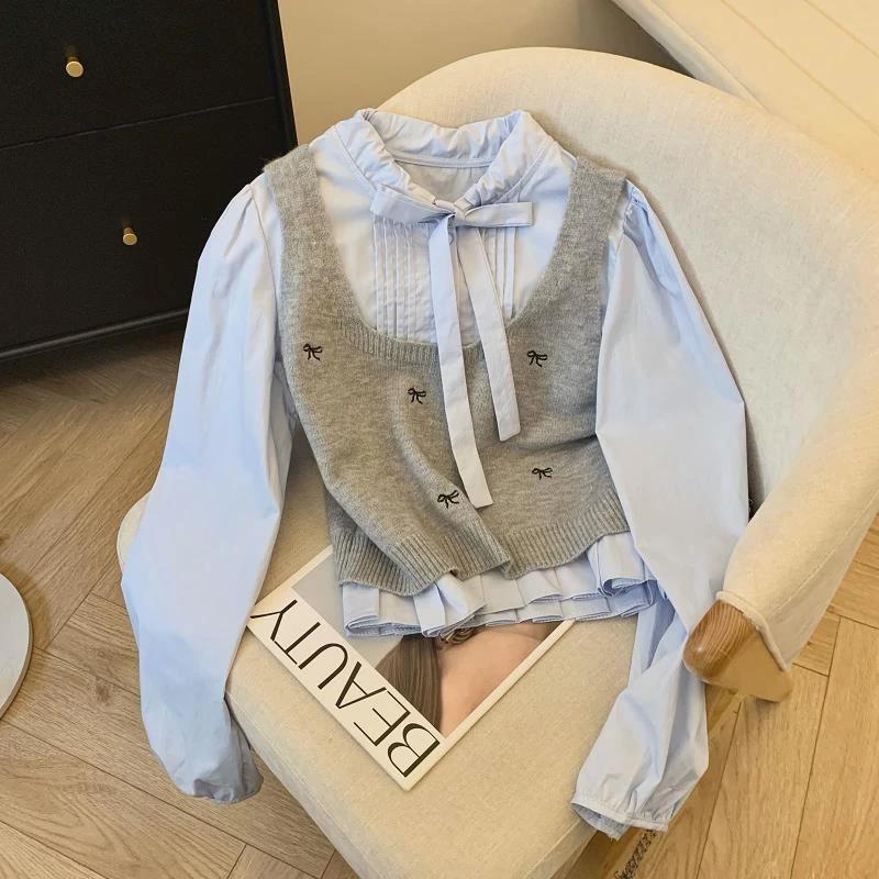 女童衬衫马甲套装2025春秋款中大童蝴蝶结针织坎肩女孩春装三件套