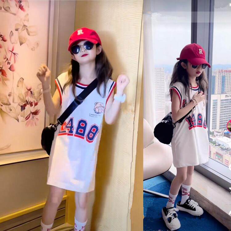 女童冰丝夏季连衣裙2025网红球服T恤裙中长款运动裙长T薄款背心裙