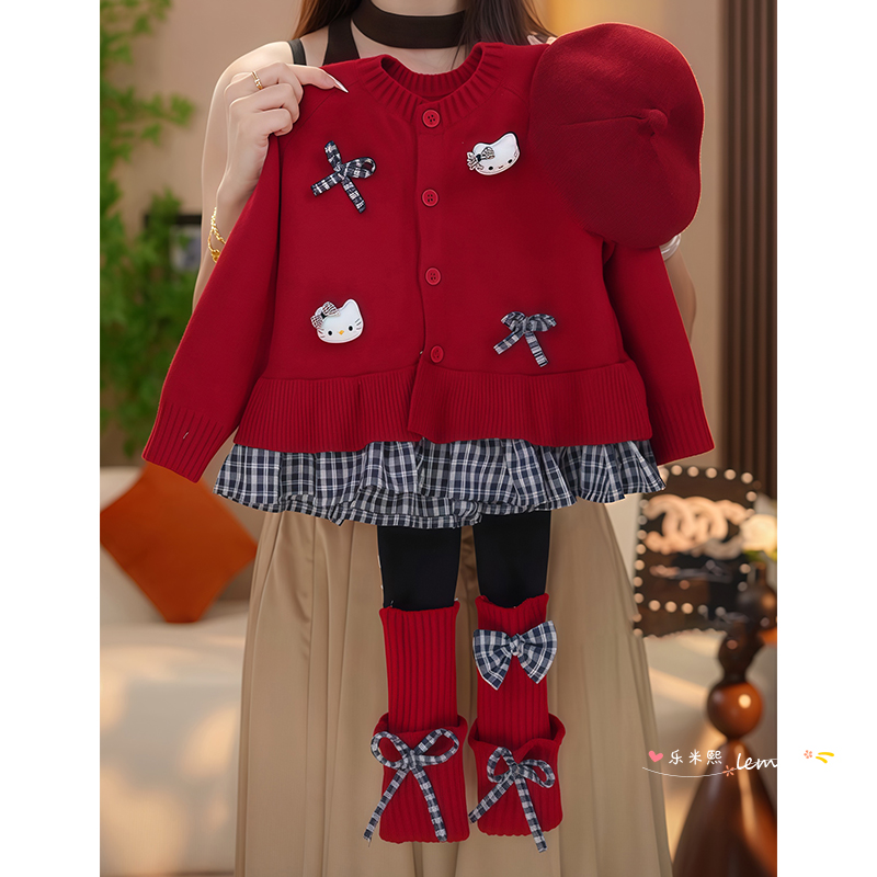 女童红色毛衣打底裤套装春秋2025新款年服格子拼接针织开衫堆堆袜