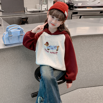 女童秋装卫衣2025新款儿童洋气女孩秋冬加绒加厚连帽卡通拼色上衣