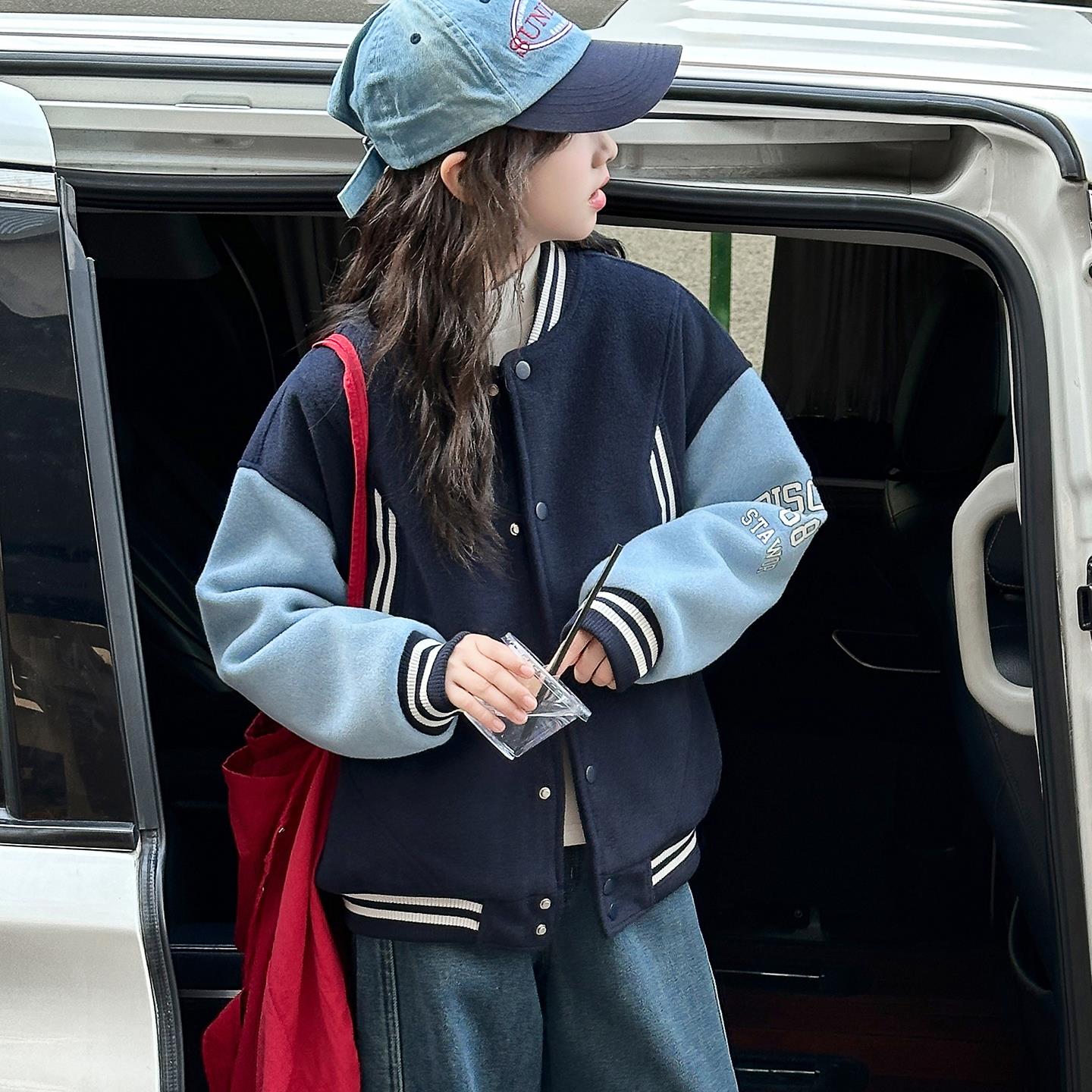 女童卫衣外套2025新款冬季女大童呢料棒球服外套加棉加厚运动冬装