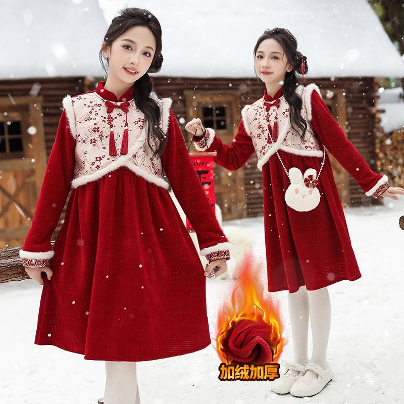 女童拜年服中国风冬裙子儿童2025新年过年喜庆衣服中式冬装连衣裙