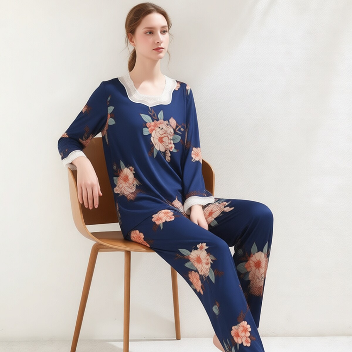 绮瑞莫代尔棉女春秋长袖家居服印花色方领套头蕾丝绣花边睡衣宽松