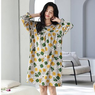 绮瑞家居服春秋新款 睡衣 女士莫代尔中长款 圆领印花睡裙大码