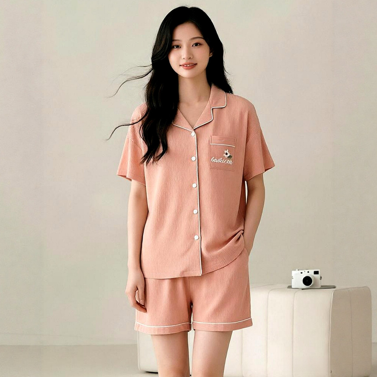 绮瑞睡衣女款夏季纯棉薄款开衫短袖短裤套装韩版甜美家居服可外穿