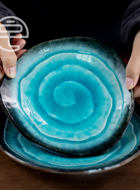 日本制进口美浓烧手作拉胚陶瓷蓝色餐盘釉下彩家用菜盘子日式餐具