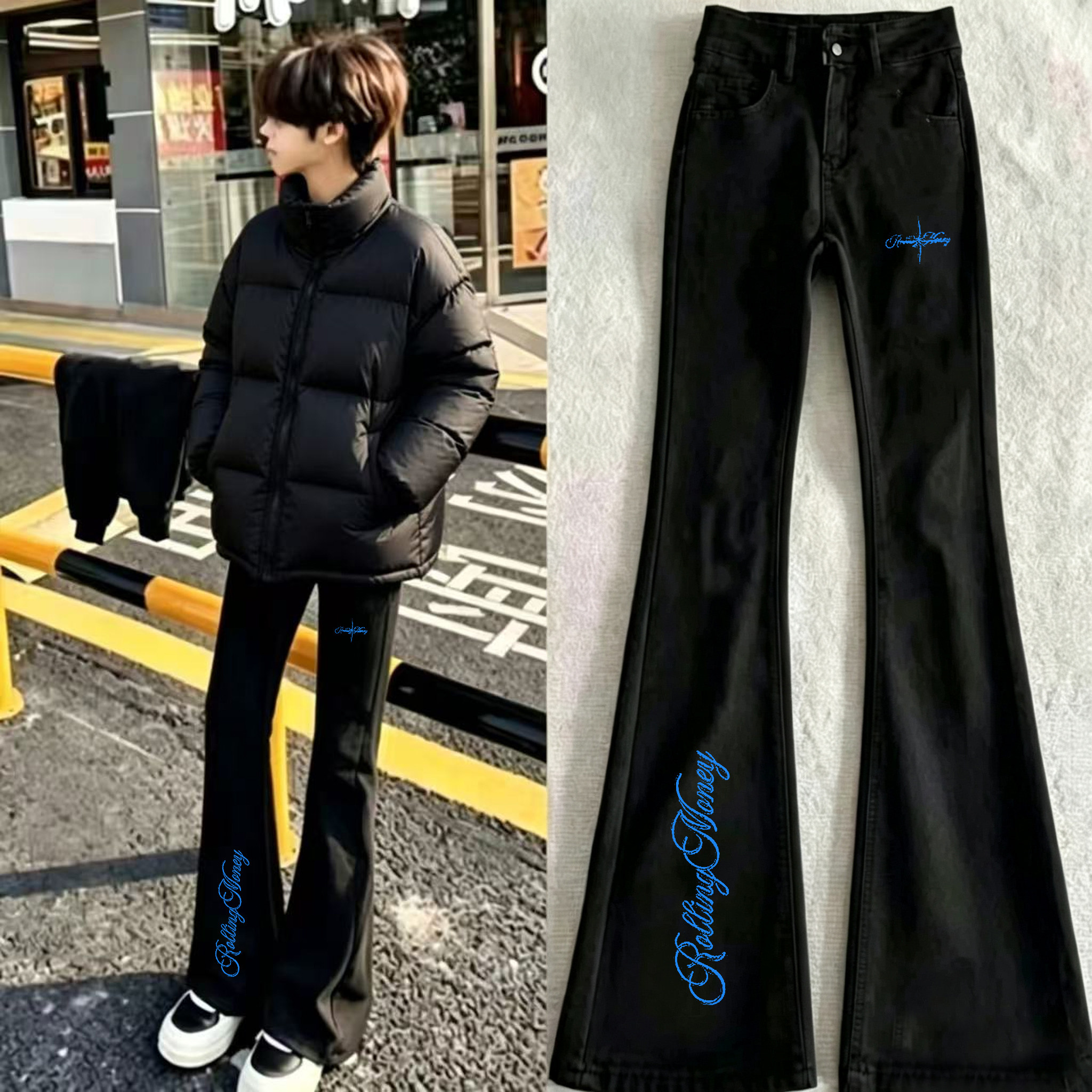 美式潮流个性英文印花牛仔裤男女轻奢高街潮牌黑色修身显瘦微喇裤
