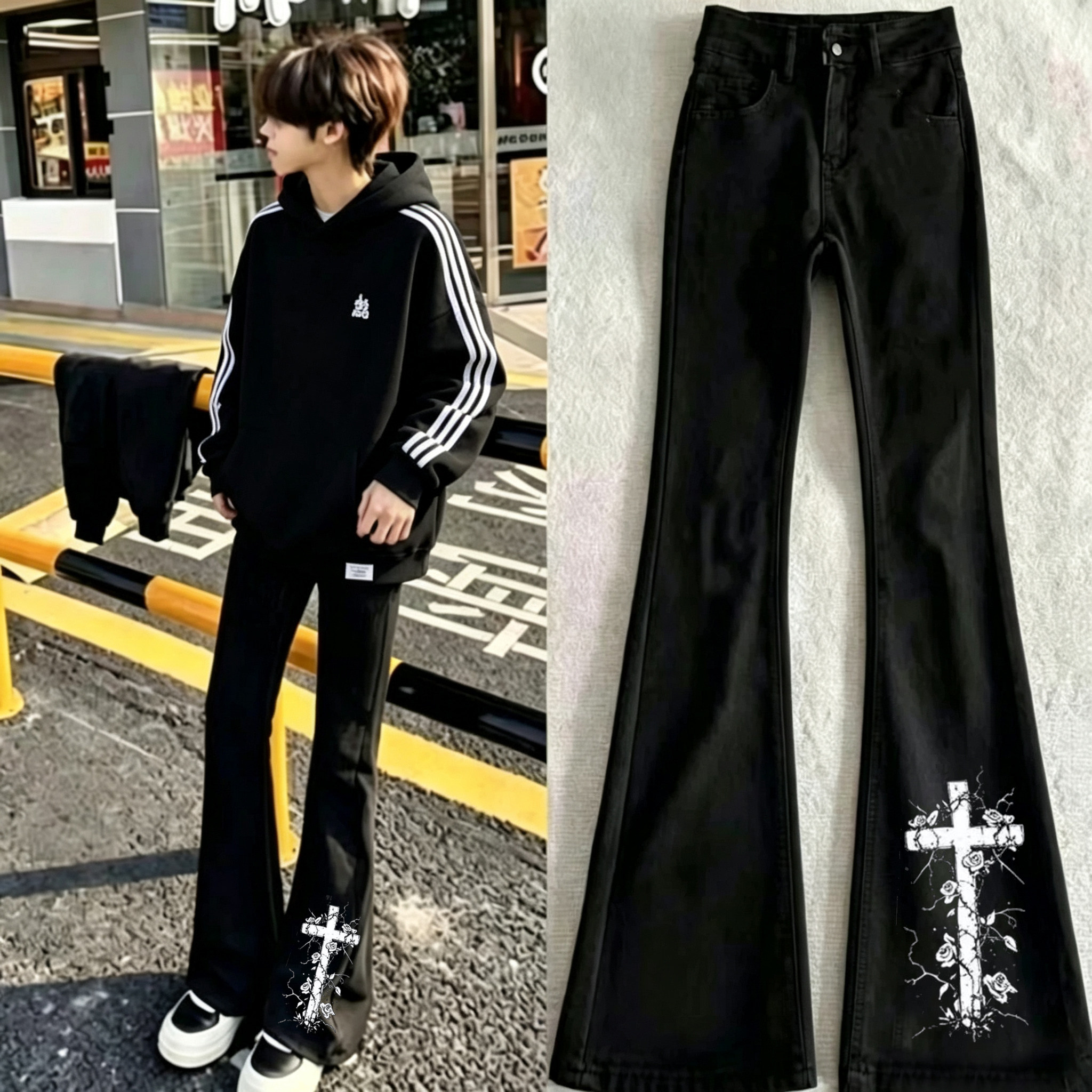 潮牌美式高街新款牛仔裤男女秋季裤子印花十字架潮流青少年微喇裤