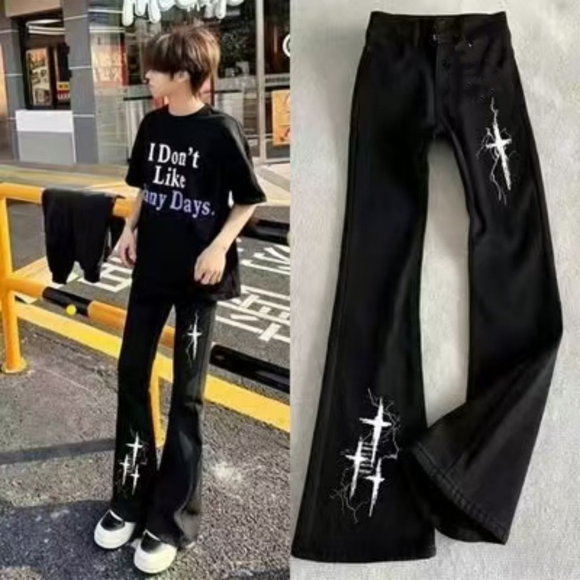 轻奢十字架印花牛仔裤男款微喇
