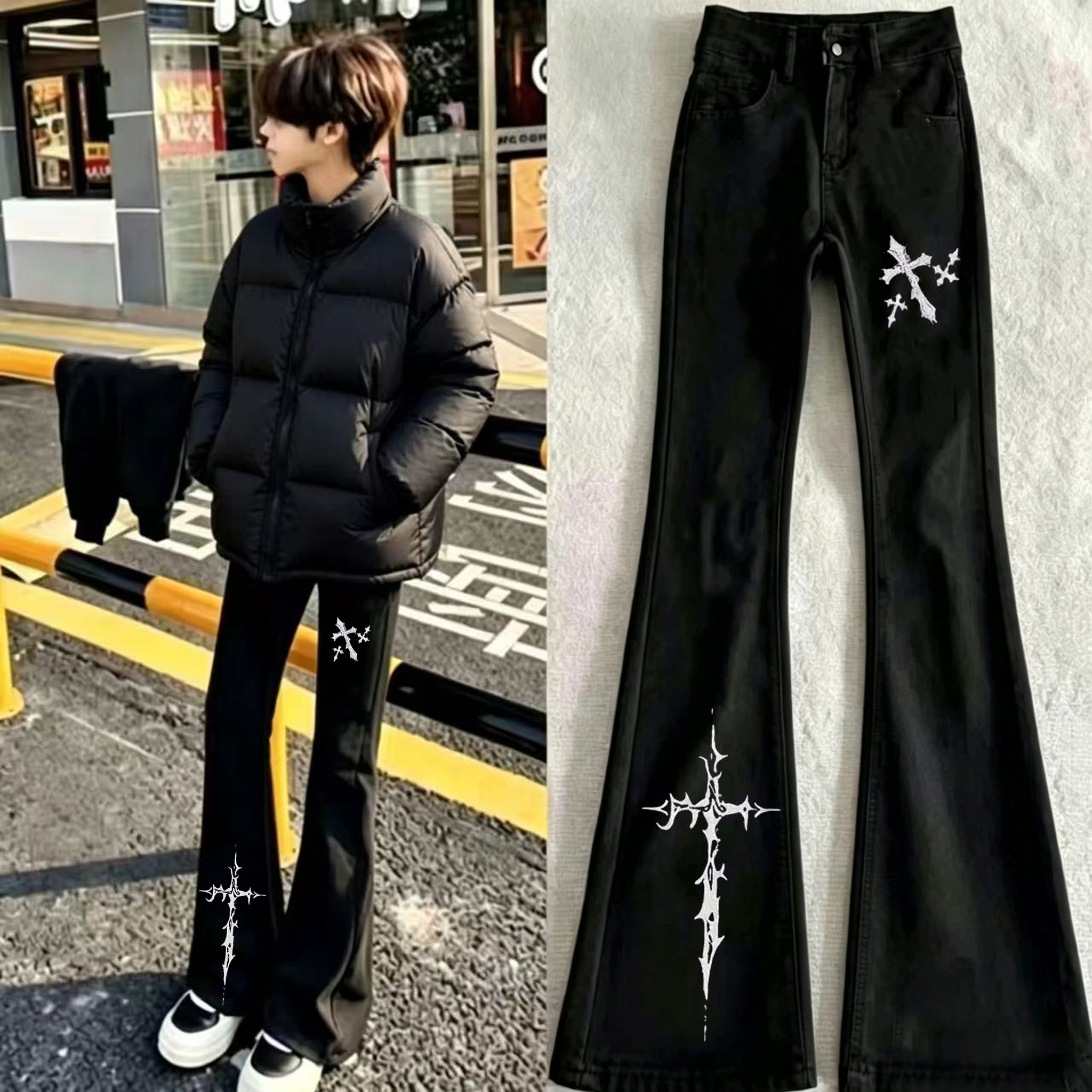 新款潮牌高街印花十字架牛仔裤男女新款网红同款轻奢美式微喇裤男