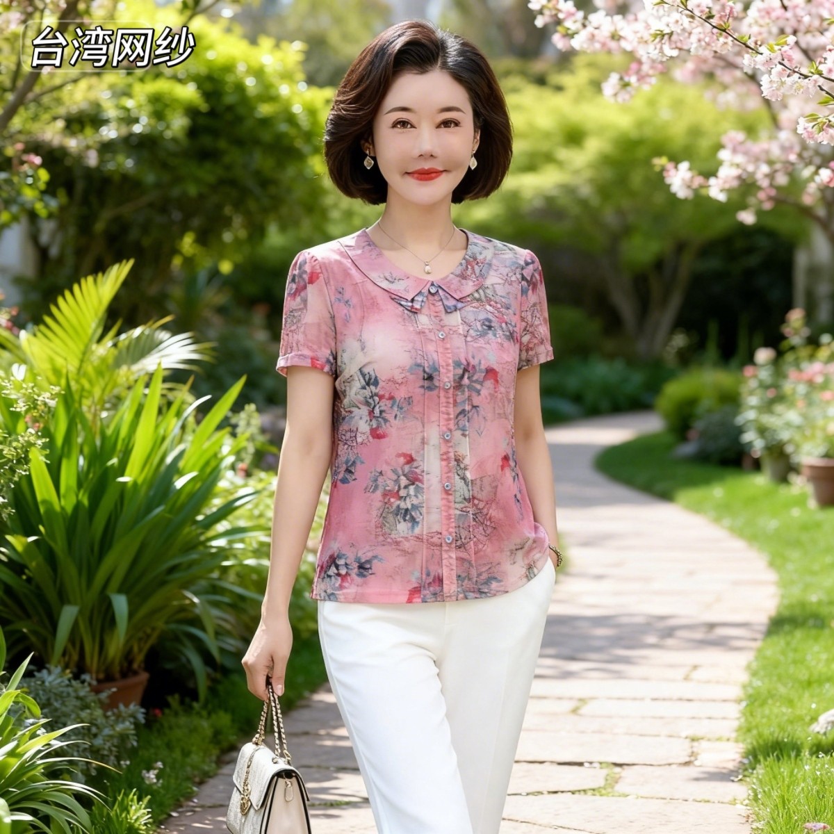 雪琳儿专柜正品新品中年女夏装台湾纱短袖T恤时尚气质妈妈小衬衫