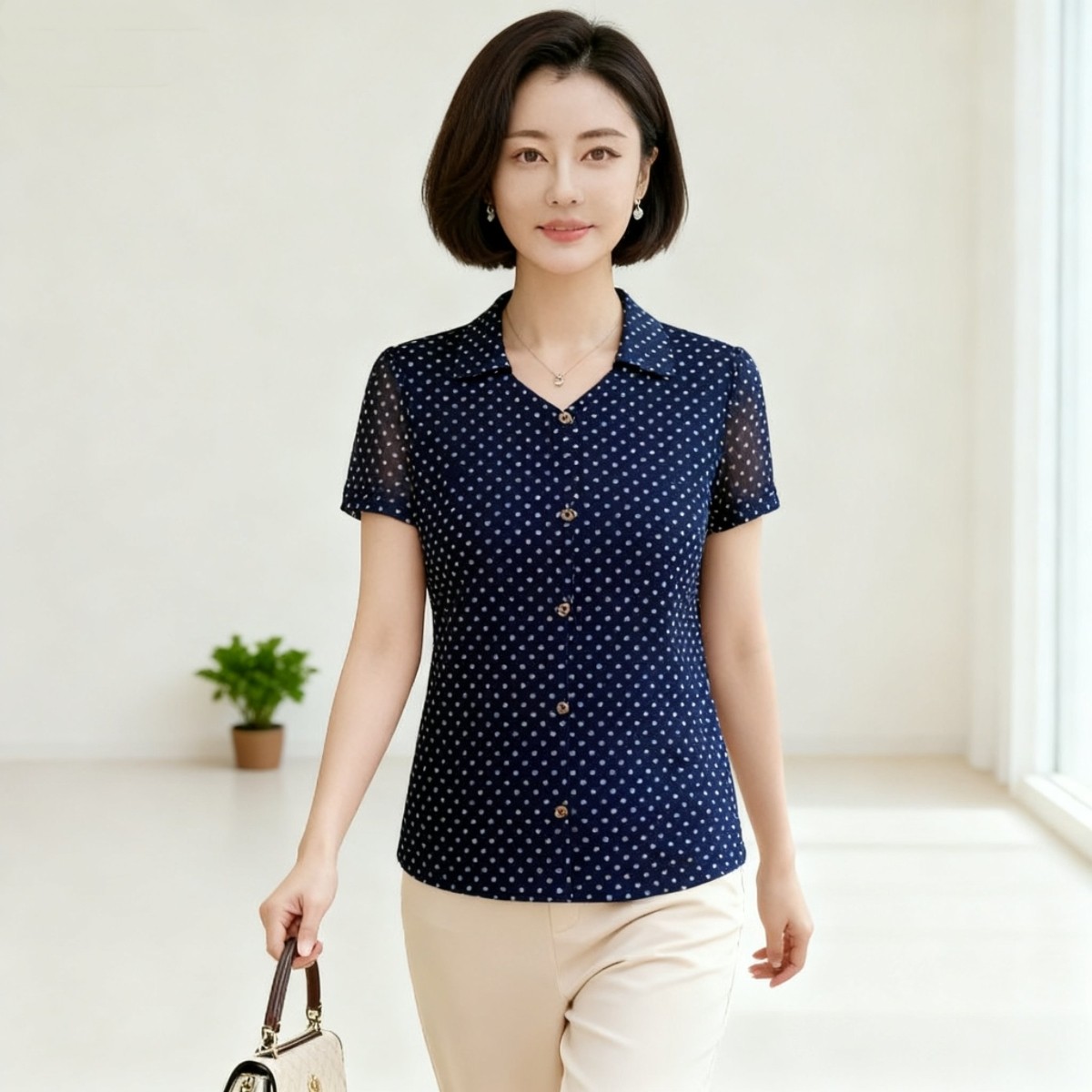 锦依罗专柜正品新品中年女夏装台湾纱短袖T恤时尚气质妈妈小衬衫