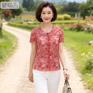 雪琳儿专柜正品新品中年女夏装台湾纱短袖T恤时尚气质妈妈小衬衫