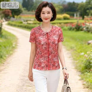 雪琳儿专柜正品新品中年女夏装台湾纱短袖T恤时尚气质妈妈小衬衫
