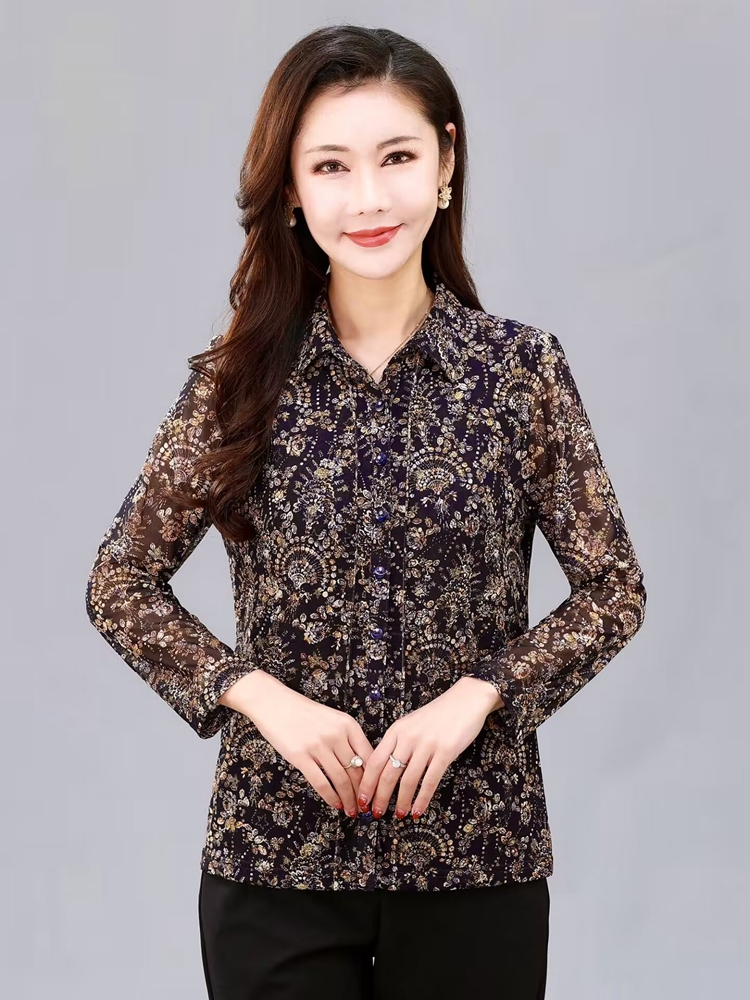雪琳儿2023中年女衬衫春秋装开扣薄衬衫台湾网纱长袖气质妈妈小衫