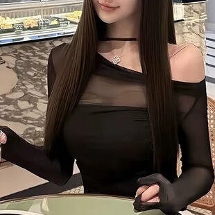 黑色网纱长袖罩衫t恤女春夏2025新款高级感修身显瘦短款露肩上衣