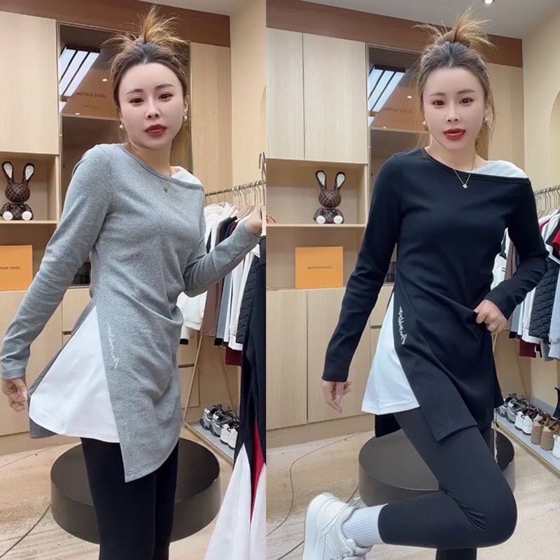 搭配鲨鱼裤的上衣春秋新款中长款打底衫女款内搭遮屁股长袖T恤