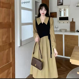 S2新款长袖连衣裙女收腰温柔风甜美气质显瘦法式长裙
