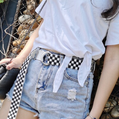 马赛克百搭撞色格子帆布腰带非主流小众皮带D形双环个性搭配裤带