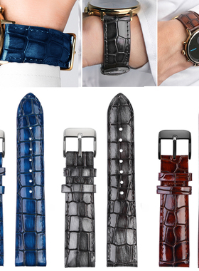 18 20 22mm通用蓝色真皮手表带深棕灰色男代用卡西欧西铁城天梭DW