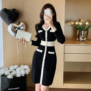 广州十三行女装针织连衣裙女秋季新款法式气质名媛小香风打底裙女
