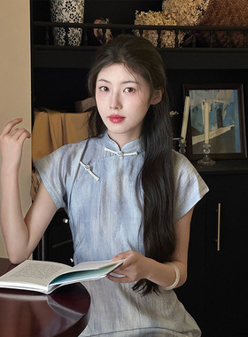 古法旗袍全开襟紫灰色2025夏季新款复古日常连衣裙少女年轻款长款
