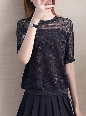 冰丝网纱上衣女2023夏季新款百搭ins潮半袖超火的镂空针织打底衫