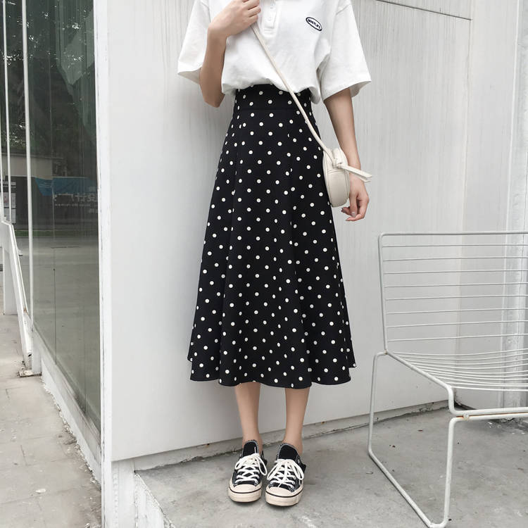 Real Price ~2019 New Retro Chic Point Skirt Printed High-waist Slim Big Dress A-shaped Skirt