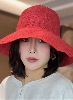 红色草帽女夏季大帽檐透气防晒渔夫帽可折叠出游度假百搭遮阳帽