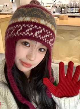 色彩之旅可爱甜美手工编织小辫子纯山羊绒护耳帽保暖针织毛线帽女